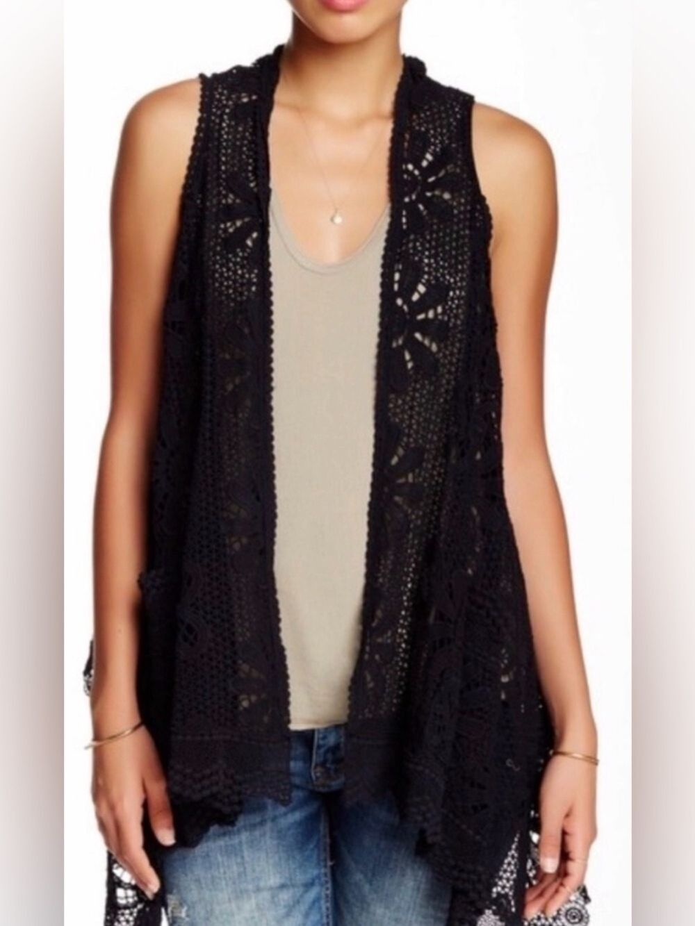 Johnny Was Black Open Knit Draped Vest XS Sleeveless Cardigan Pockets Boho